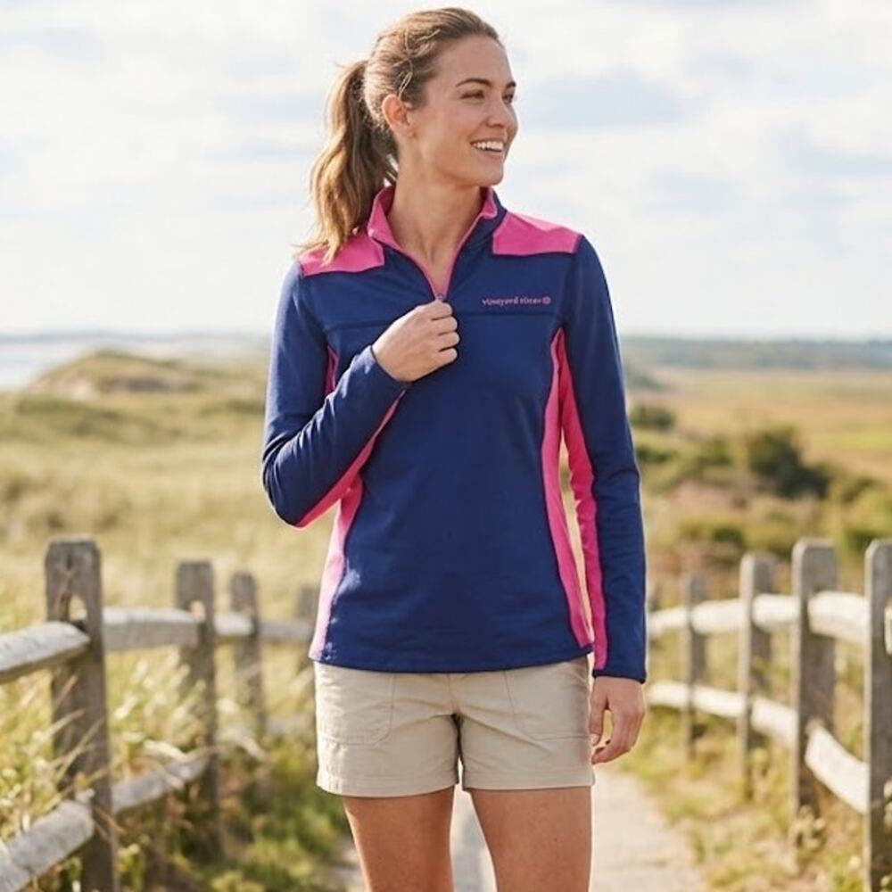Vineyard Vines Performance Colorblock Quarter-Zip Top Pink Blue Womens Small GUC
